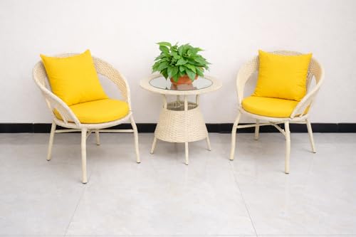 Image of India Garden Patio Seating Chair and Table Set Outdoor Balcony Garden Coffee Table Set Furniture with Table and Chairs Set (Cream with Yellow Cushion and Pillow 2+1)