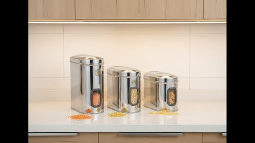 Image of Stainless Steel Capsule Food Canisters /Jars /Containers for Kitchen Storage with See Through Window - set of 2, 1850 & 2350 ml capacity, Silver