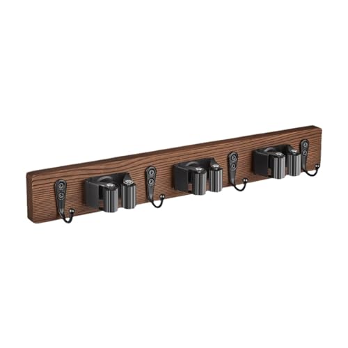 NUALLY Wooden Mop and Broom Holder Wall Mount, Heavy Duty Storage Rack with Hooks for Cleaning Supplies, Garden Tools, Kitchen, Bathroom Organizer(1 pack)