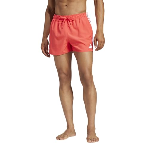 Image of adidas Men's 3-Stripes 3-inch Swim Shorts Trunks, Semi Lucid Red/White, XS
