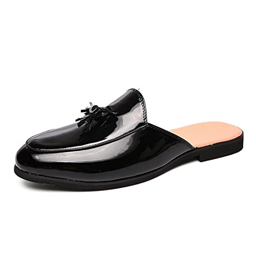 ORNVEION Men's Tassel Faux Patent Leather Flat Slip-on Mules Sandals,Fashion Lightweight Wingtip Backless Pointy Smoking Dress Slippers Classic Casual Half Loafers Sandals