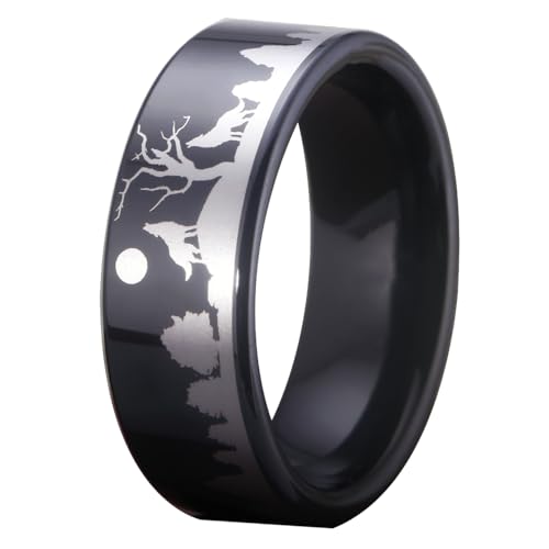 8MM Width Black Pipe Howling Wolves Ring Forest Landscap Ring Hunter Wolf Ring Tungsten Ring - Free Engraving Inside