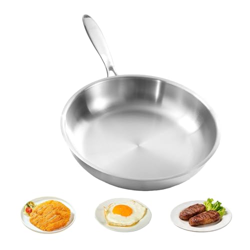 Padella in acciaio inox, Ø 28 cm, Tri-Ply, in acciaio inox non rivestito, multifunzione in acciaio inox, compatibile con stoviglie da cucina, lavastoviglie e forno, padella per tutti i piani cottura