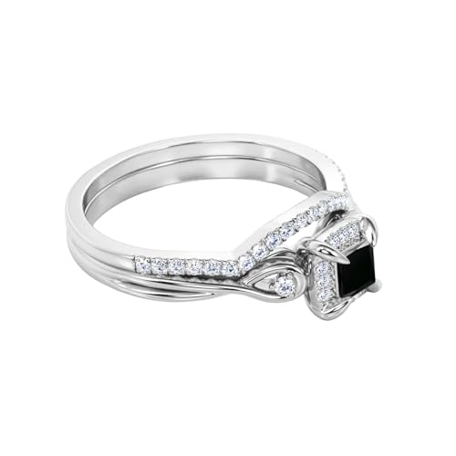 Black Onyx Wedding Ring Set for Women 925 Sterling Silver 10K 14K 18K Gold Halo Bridal Ring Set with 1CT Princess Cut Black Onyx Engagement Ring Set for Women3