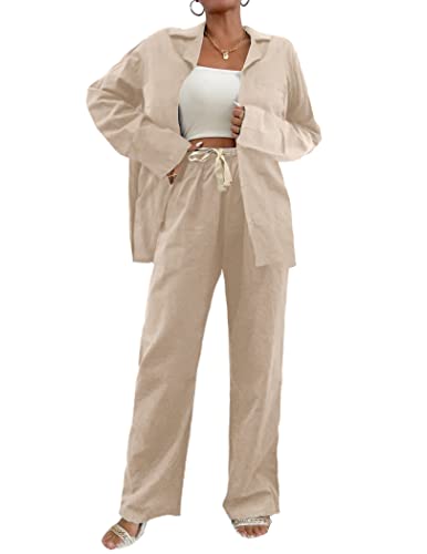 Ekouaer Thermal Pajamas Womens Button Down Shirt And Pants With Pocket Comfy Night Wear Suit Cotton Linen Sleep Cloth For Holiday And Dailylife Khaki Xxl Plus Size #TOP1