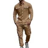 Mens Outdoor Outfits 2 Piece Sets Fleece Regular Fit Coveralls Thermal Outfits Button Down Shirts and Cargo Pants Khaki