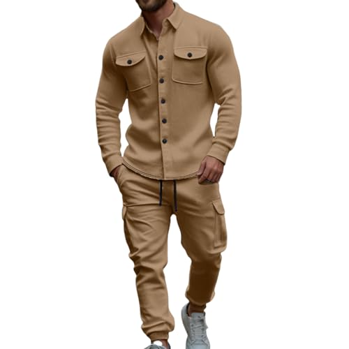 Mens Outdoor Outfits 2 Piece Sets Fleece Regular Fit Coveralls Thermal Outfits Button Down Shirts and Cargo Pants Khaki