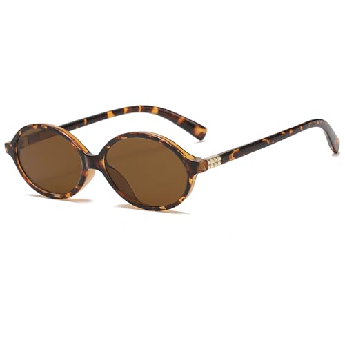 Long Keeper Gafas de Sol Ovaladas Pequeñas Retro Años 90 Gafas de Sol Vintage Ovaladas para Mujer Hombre Gafas Redondas Vintage Protección UV400 (Montura Leopardo - Lente Marrón)