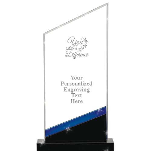 Crown Awards Customizable Crystal Award, 7 3/4" Engraved You Make A Difference Sapphire Intensity Crystal Award