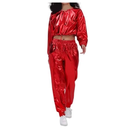 2025 - Costumes de carnaval pour femme, manches longues, brillant, métallique, tops, sweatshirts, clubwear, rouge, M