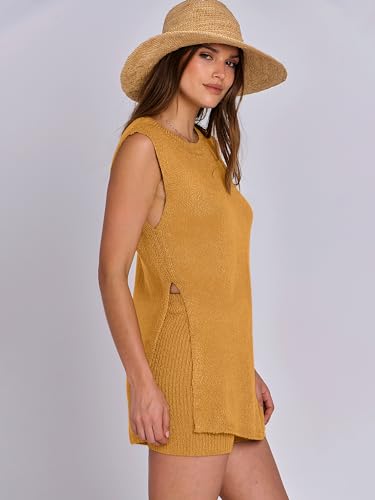 Image of ANRABESS Women Summer 2 Piece Outfits Sleeveless Knit Sweater Top & Shorts Soft Lounge Sets Travel Beach 2026 Spring Clothes Turmeric Small
