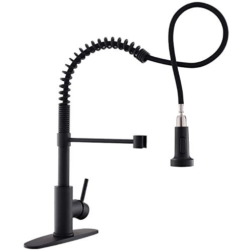OWOFAN Black Kitchen Faucet Contemporary Spring Kitchen Sink Faucet with Pull Down Sprayer, Single Handle Pull Out Kitchen Faucets with Deck Plate 866055R