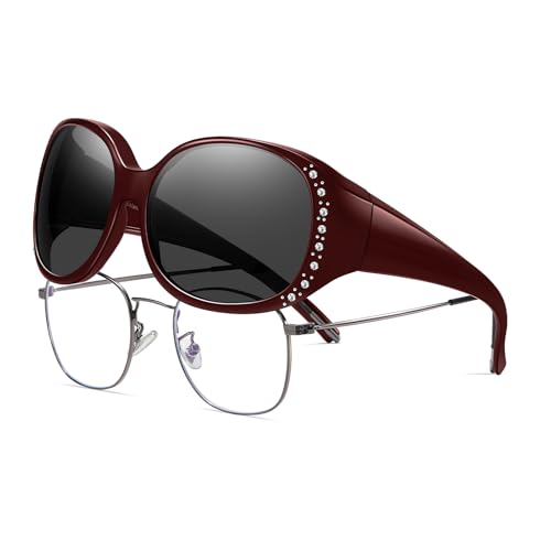 HAOLOTA Women's Polarized Fit Over Sunglasses with Rhinestone, Sun Glasses for Prescription Glasses UV400 Protection L Size Wine Red Frame Grey Lens