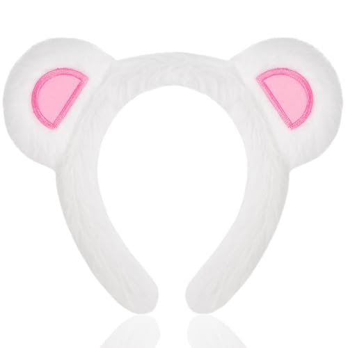 JazSwirl Bear Ears Headband for Women Adults Plush Cute Bear Headband 9 x 7 in Black White Soft Bear Ear for Cosplay (White)