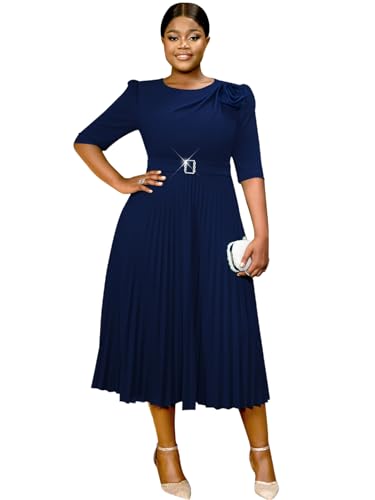 AOMEI Women's Green Crewneck Half Sleeve with Flower Buckle Pleated A-Line Work Dress