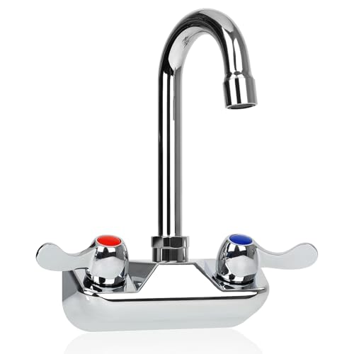 KWODE 4 Inch Center Commercial Hand Sink Faucet with 3-1/2”Gooseneck Spout, Dual Lever Handle Wall Mount Kitchen Sink Faucet, Brass Constructed, Chrome by KWODE - Used condition - US$42.42