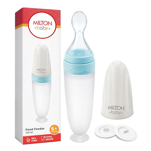 Image of Milton Baby Silicone Spoon Food Feeder I BPA Free-Food Grade I Anti-Spill Suction Base I Removable Strainer - Spill Proof Cap I Travel Friendly I for Cerelac, Puree and Semi Liquid Food I Sky Blue
