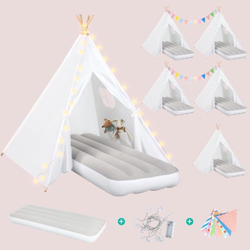 wilwolfer 6 Pack Kids Teepee Tent Bulk with Light and Inflatable Airbed, Natural Cotton Toddler Play Tent for Girls Boys Indoor Outdoor Sleepover Slumber Party Birthday Gifts