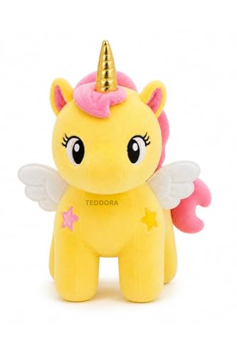 Image of Unicorn with Wings Soft Toy for Girls Boys Kids, Yellow, Animal Plush Stuffed Baby Teddy Gift Birthday, 30 cm