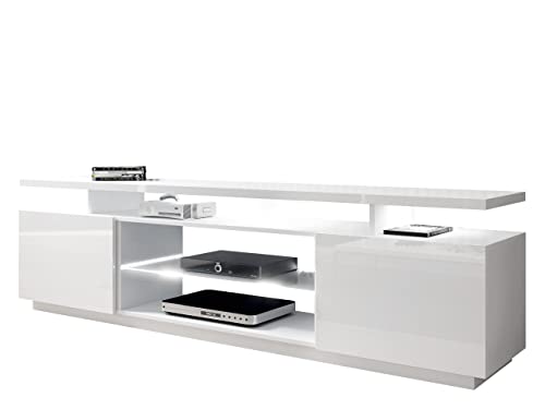 Lostino - Armario para TV con 2 puertas y compartimentos, apertura sin asas (con iluminación LED blanca, acabado brillante), color blanco