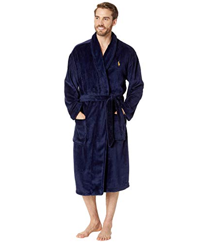 POLO RALPH LAUREN Microfiber Plush Long Sleeve Shawl Collar Robe Cruise Navy/Basic Gold Pony Print LG-XL