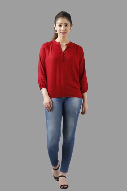 Image of Women's 3 /4 Sleeves Mandarin Neck Solid Rayon Casual Tops for Ladies