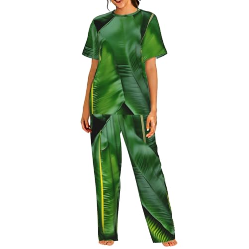 Pyjama court femme imprimé feuilles de bananier en tissu doux