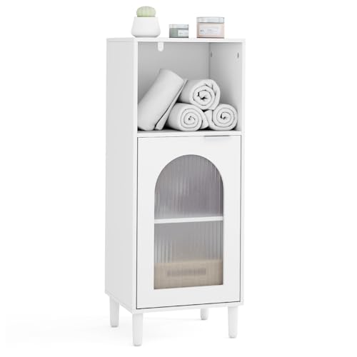 GOPLUS Armario de Baño de Madera, Gabinete Independiente de Suelo con Estante Ajustable, Puerta de Vidrio Templado, 1 Compartimento Abierto, Mueble Multiuso para Entrada, Cocina, 35 x 30 x 90 cm