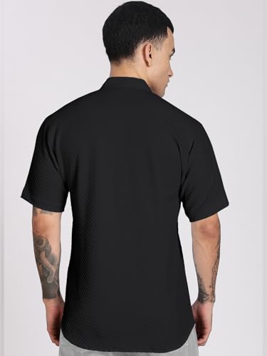 Image of Men's Regular Fit Solid Casual Shirt - Short Sleeve, Mandarin Collar, Lightweight Polyester, Stylish Everyday Wear