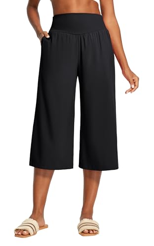 Heathyoga Capri Pants for Women Wide Leg Casual Pants for Women High Waist Lightweight Capris for Summer with Pockets Lounge Black