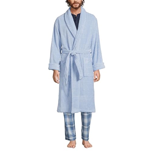 Lands' End Men's Full-Length Turkish Cotton Terry Bathrobe – 55" Length | Plush, Absorbent, 2 Pockets, Spa Comfort Large Soft Blue Haze