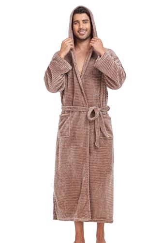 Mens Fleece Hooded Bathrobe Soft Plush Long House Coat with Pockets Flannel Nightgown Fluffy Warm Robe Sleepwear