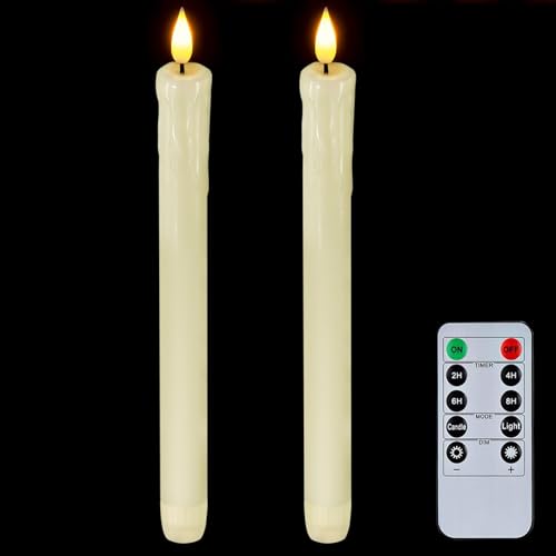 Homemory 2 Pack 9.6 inch 3D Wick Flickering Flame Taper Candles with Remote and Timer, LED Candle Sticks Battery Power, Dripless Real Wax Window Candles