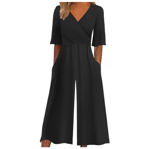 Generisch Combinaison pour femme avec imprimé bohème, col en V, manches mi-longues, jumpsuit avec poche, pantalon droit, Noir , XL