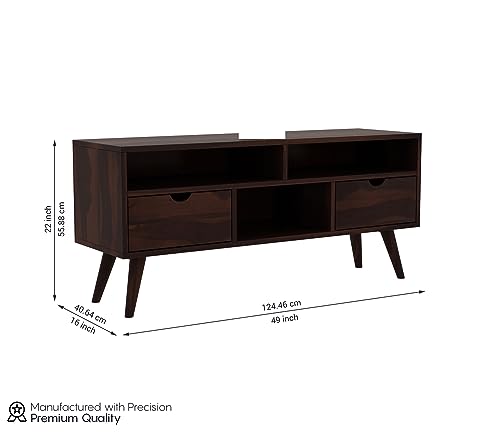 Image of Sheesham Wood TV Unit with 2 Drawers and 3-Shelf Storage - Perfect for Living Room - Fits up to 50-Inch TV (Medora, Walnut Finish)