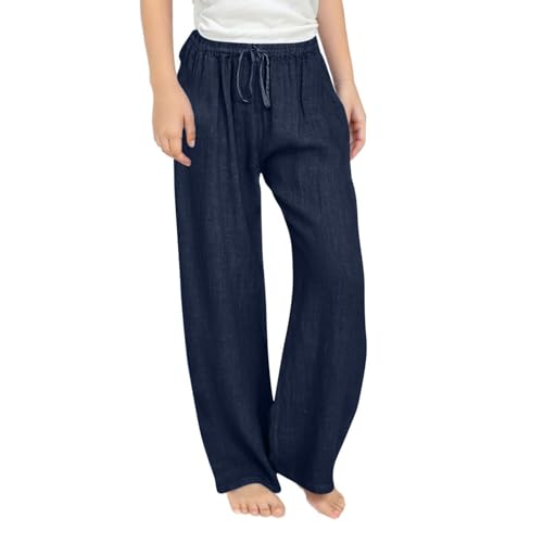 Girls Cotton Linen Pants Summer Wide Leg Casual Loose Trousers Drawstring High Waist Palazzo Pants with Pockets