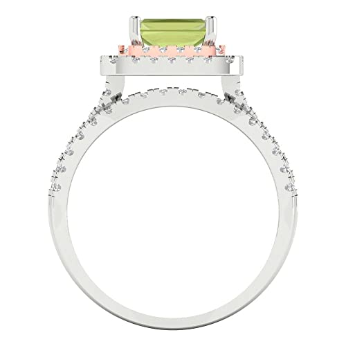 3.05ct Emerald Cut Natural Peridot 14k White/Rose Gold Halo Solitaire with Accents Wedding Bridal Promise Ring Band Set4