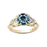 FYBIOD 10K 14K 18K Gold Round Cut Natural Blue Topaz Vintage Ring for Women 1 Carat London/Swiss/Sky Blue Topaz and Moissanite/Diamond Statement Anniversary Ring for Her
