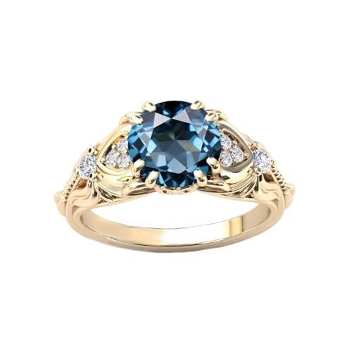 FYBIOD Round Cut London Blue Topaz Vintage Ring for Women Sterling Silver Yellow Gold Plated 1 Carat Natural Topaz and Moissanite Promise Statement Anniversary Ring for Her Size 8