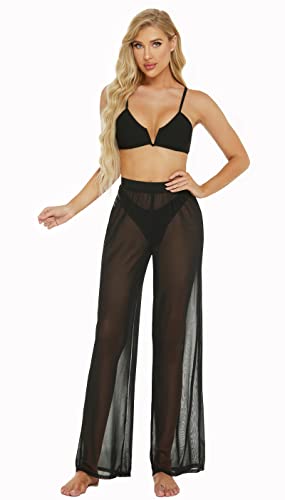 Awoscut Women See Through Sheer Mesh Pants Beach Swimsuit Bikini Bottom Cover up Party Club Elastic High Waist Wide Leg Pants (Black, M)