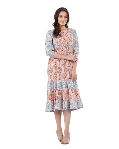 Image of SAVI Women's Cotton Printed Fit & Flare Midi Dress | Floral Ethnic Print | 3 /4 Sleeves | Round Neck | Tiered A-Line Casual Summer Dress