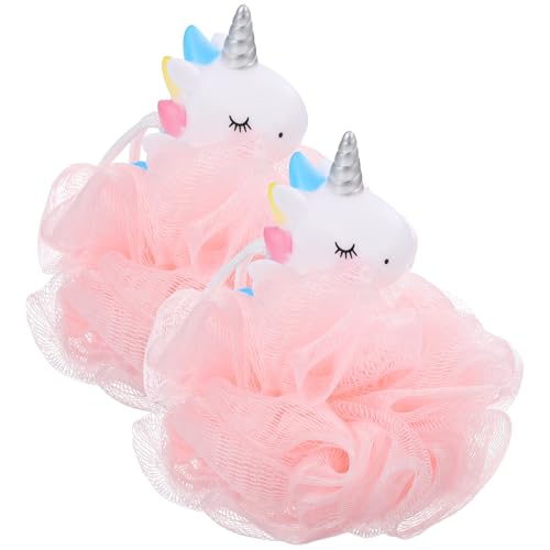 HAPINARY Esponjas de baño para niñas con forma de unicornio 2 unidades, bolas exfoliantes corporales de materiales PP y PE, limpieza para piel infantil, uso en ducha, color rosa