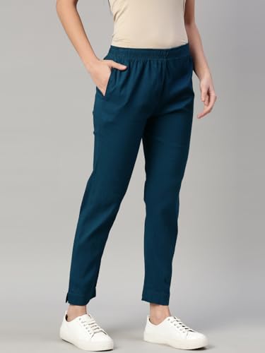 Image of MINELLI Women Solid Cigar Pants, Cotton Lycra Slub Fabric, Elasticated Waistband, Pull On Style, Regular Fit Bottom Wear for Western and Ethnic Wear