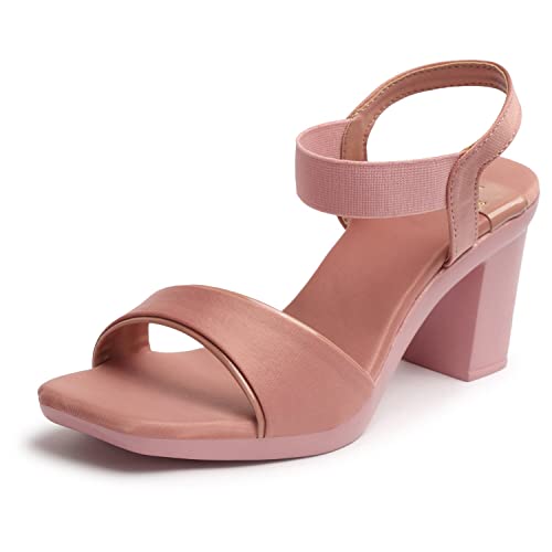 Image of XE Looks Women's Peach Stylish Block Heels | Open-Toe Sandals with Elastic Support | Anti-Skid Sole & Cushioned Footbed Block Heels For Girls & Women