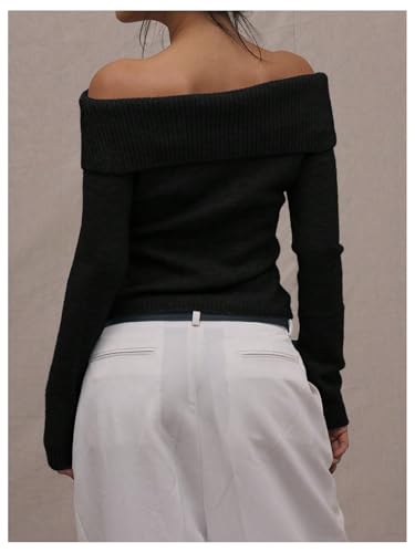 Women's Y2k Off The Shoulder Sweaters Fold Over Long Sleeve Knit Jumper Fitted Pullover Tops3