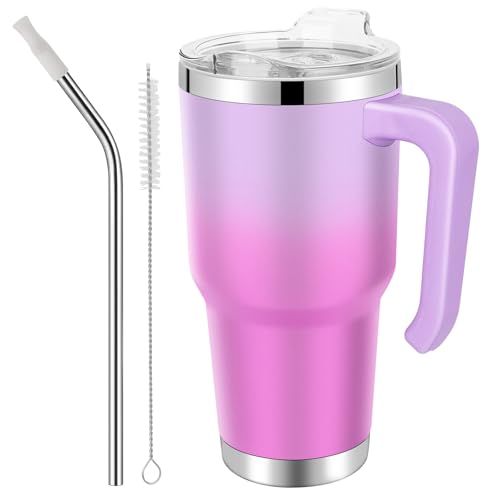 EQARD Taza con Asa Tapa y Pajita Vaso Termo Cafe para Llevar Taza Viajera Mug Térmica de Acero Inoxidable con Cepillos de Tubo para Café Frío o Caliente Todo sin BPA (RosaRojo, 30oz Tapa a Rosca)