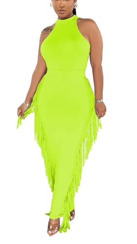 Image of 2 Piece Outfits for Women Sexy Halter Neck Sleeveless Crop Tops Ruched Bodycon Dresses Jumpsuits Fringe Skirt Sets