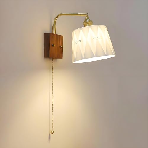BBioss lamp Retro Brass Sconce with Pull, Adjustable Swing Arm Ceramic Reading Light, Bedroom Bedside Wall Lamps for Headboard Living Room