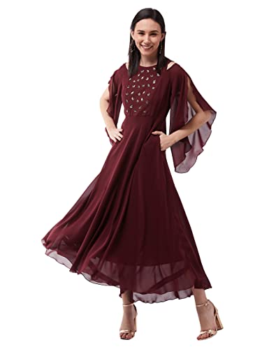 Image of Miss Chase Women's Round Neck Sleeve Embellished Fit Flare Maxi Dress