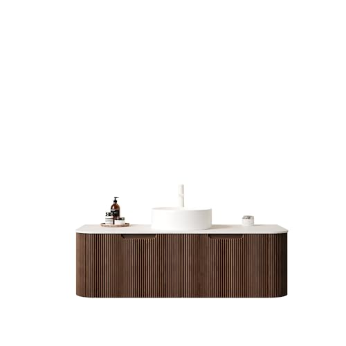 Image of KEIKI 48 inch Floating Bathroom Vanity with Sink, Modern Wall Vanity Cabinet with Curved Edge Design, 2 Soft-Close Drawers & White Ceramic Vessel Basin, Pre-Assembled Bathroom Vanity, Walnut